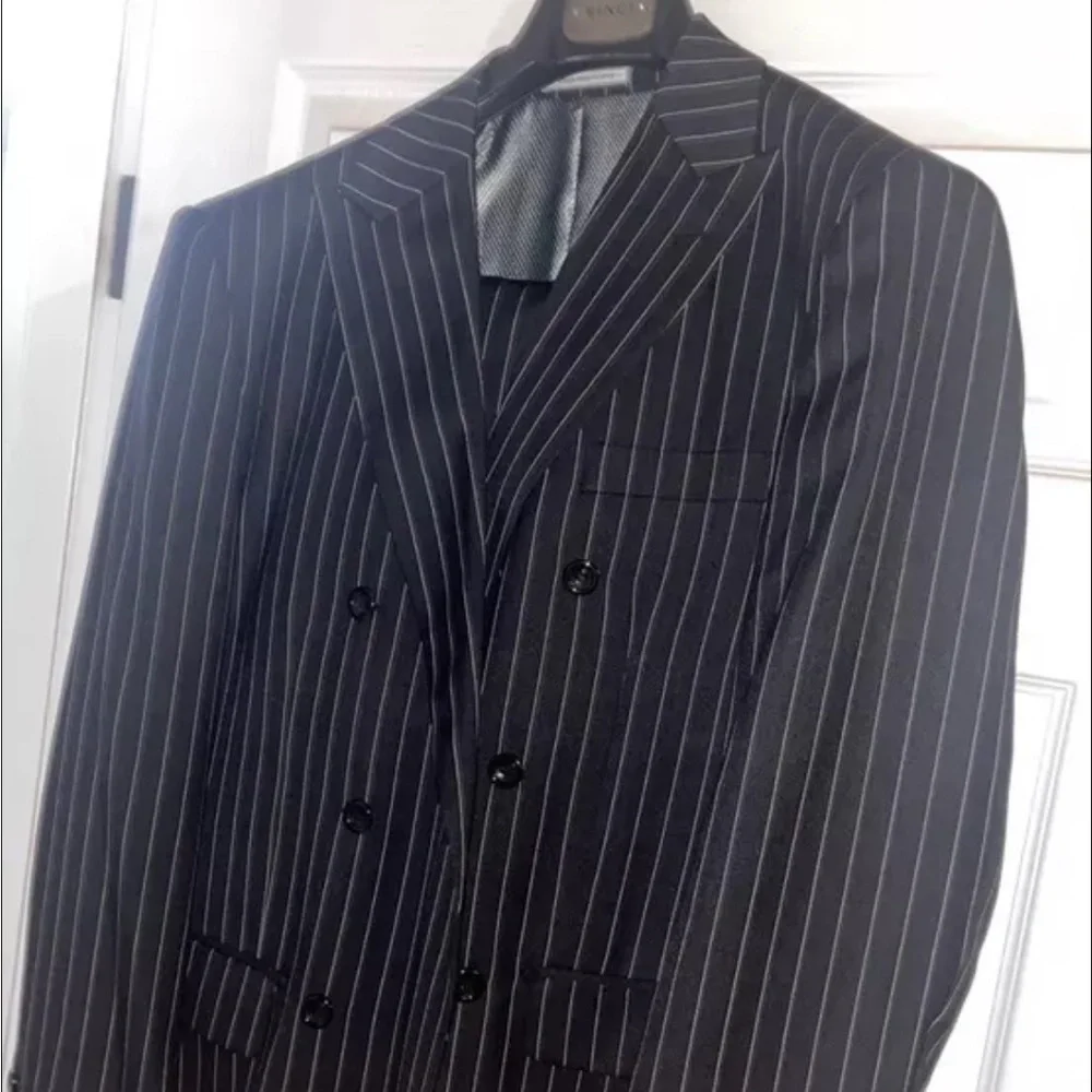 Vinci Men's Brown Pinstripe Three-Button Suit with Cream Bow Tie